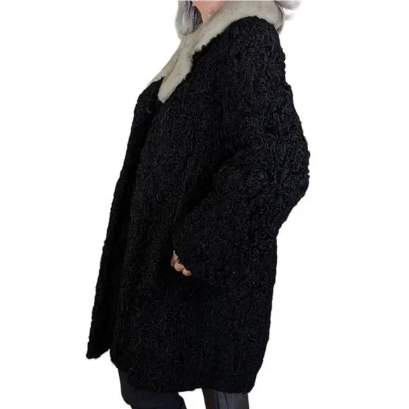 Vintage Black 50s Persian Lamb Karakul Gray Mink Collar Fur Coat Size Large - Picture 3 of 9